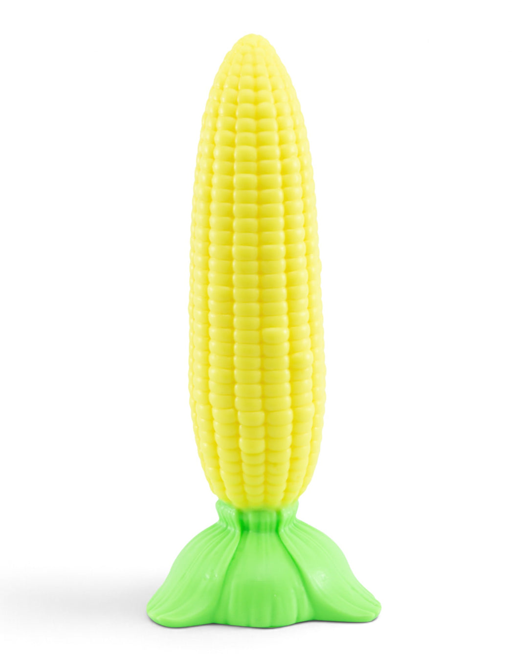 Front view of Phreak’s Corn on the Cob silicone toy showing rows of yellow kernels and a flared green leaf base on white.