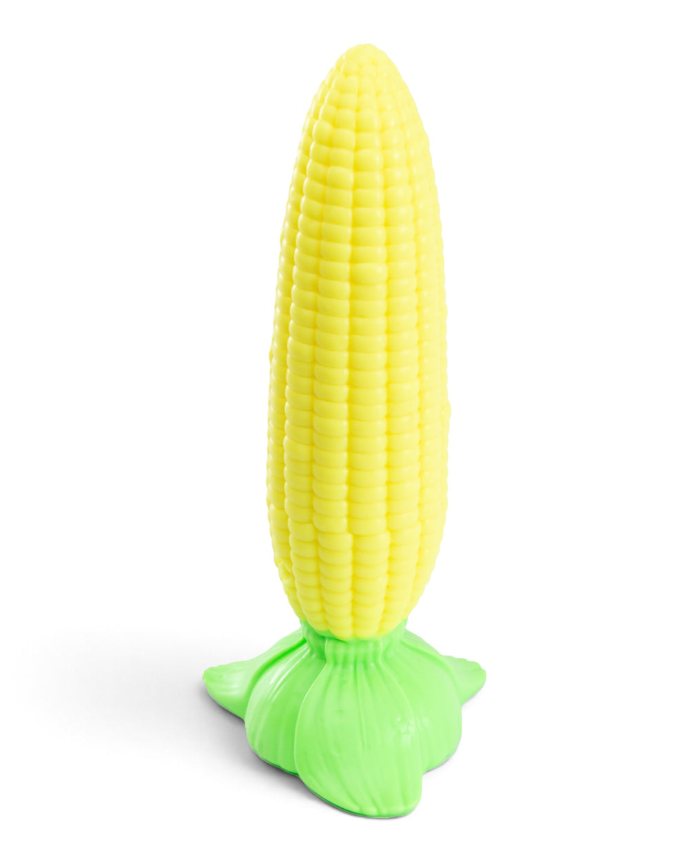 Angled view of Phreak’s Corn on the Cob silicone toy with yellow kernels and a green husk-shaped base on white.