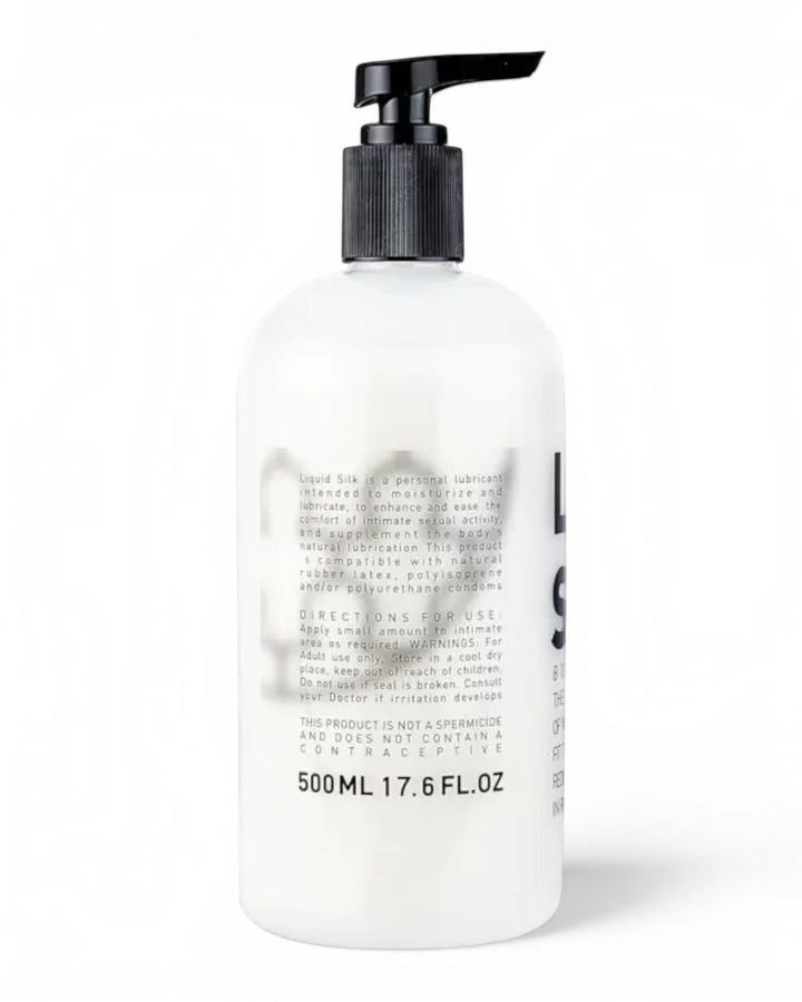 P.C Manufacturing Ltd Liquid Silk 500ml water-based lubricant bottle with a black pump dispenser