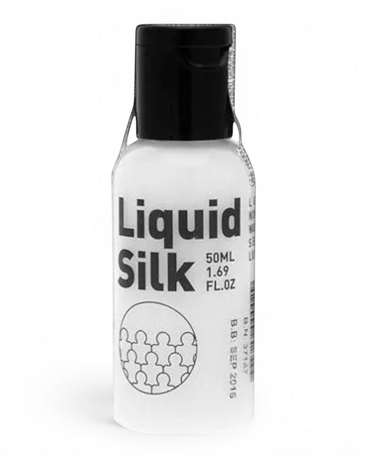 P.C Manufacturing Ltd Liquid Silk 50ml water-based personal lubricant bottle with a black flip-top cap
