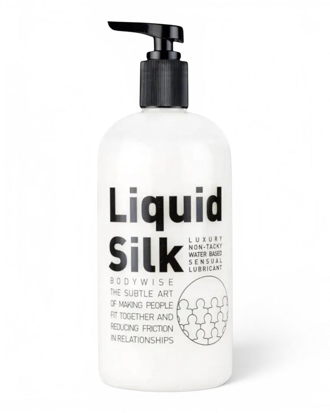 P.C Manufacturing Ltd Liquid Silk water-based personal lubricant in a white bottle with a black pump dispenser