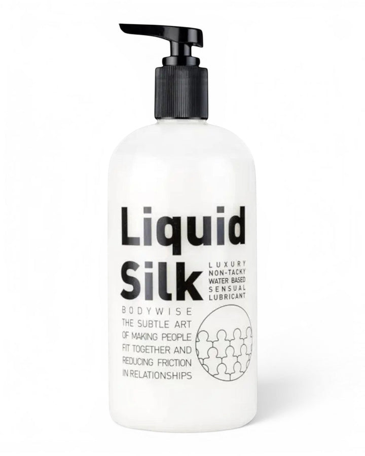 P.C Manufacturing Ltd Liquid Silk water-based personal lubricant in a white bottle with a black pump dispenser