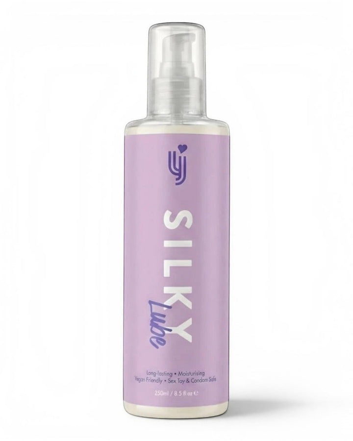 P.C Manufacturing Ltd Loving Joy Silky water-based lubricant in a 250ml pump bottle with a light purple label.