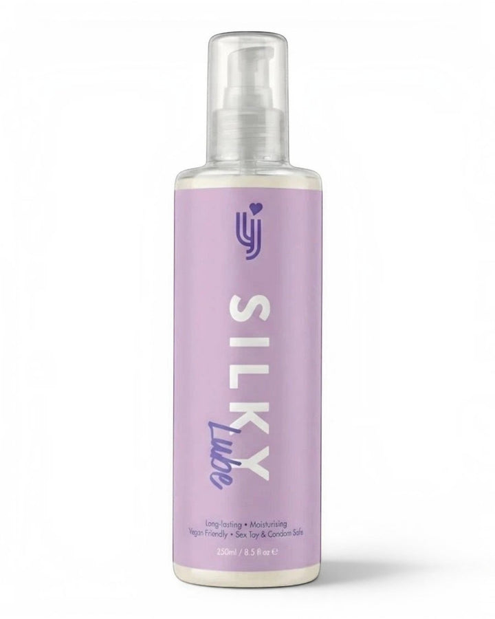P.C Manufacturing Ltd Loving Joy Silky water-based lubricant in a 250ml pump bottle with a light purple label.