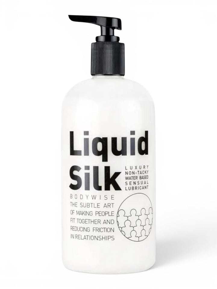 P.C Manufacturing Ltd Liquid Silk water-based personal lubricant in a white pump bottle with black pump and cap.