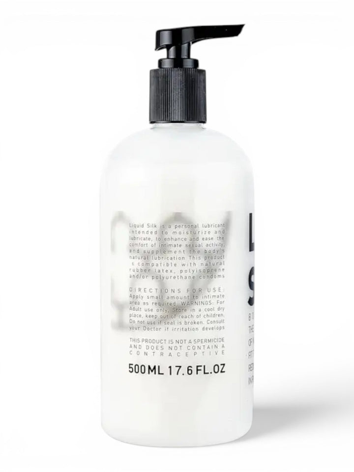 P.C Manufacturing Ltd Liquid Silk water-based personal lubricant in a white pump bottle. 500ml.