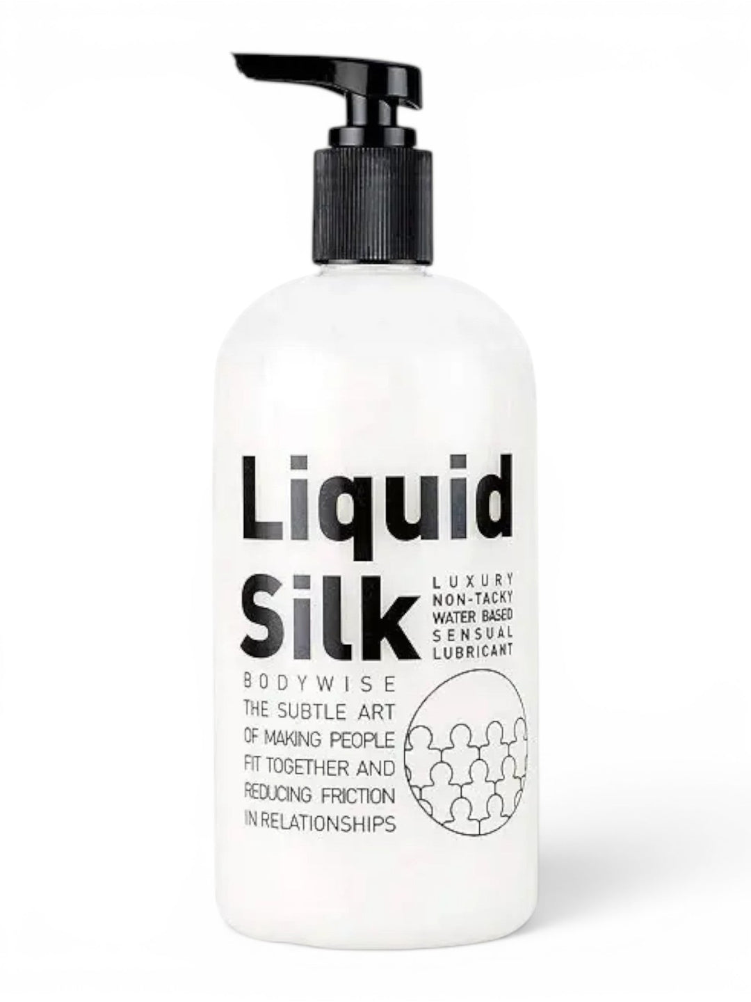 P.C Manufacturing Ltd Liquid Silk water-based sensual lubricant in a white pump bottle. Non-tacky formula.