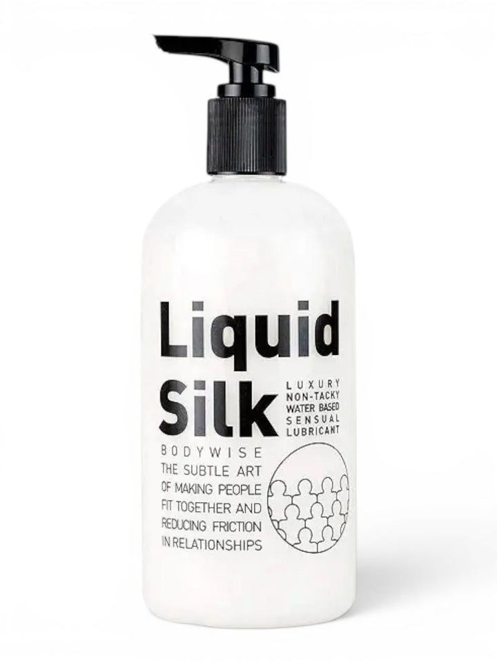P.C Manufacturing Ltd Liquid Silk water-based sensual lubricant in a white pump bottle. Non-tacky formula.