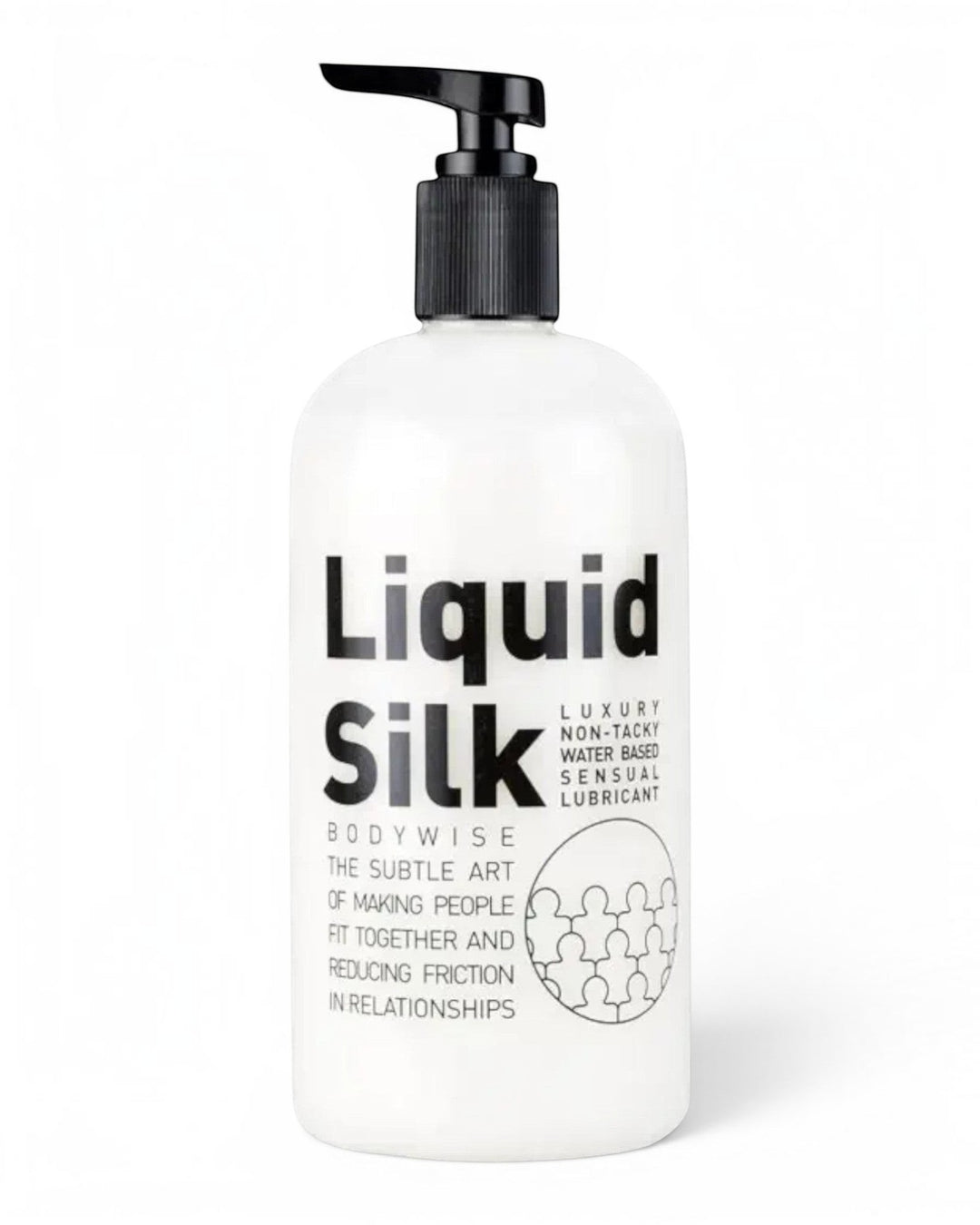 P.C Manufacturing Ltd Liquid Silk water-based personal lubricant in a white bottle with a black pump dispenser