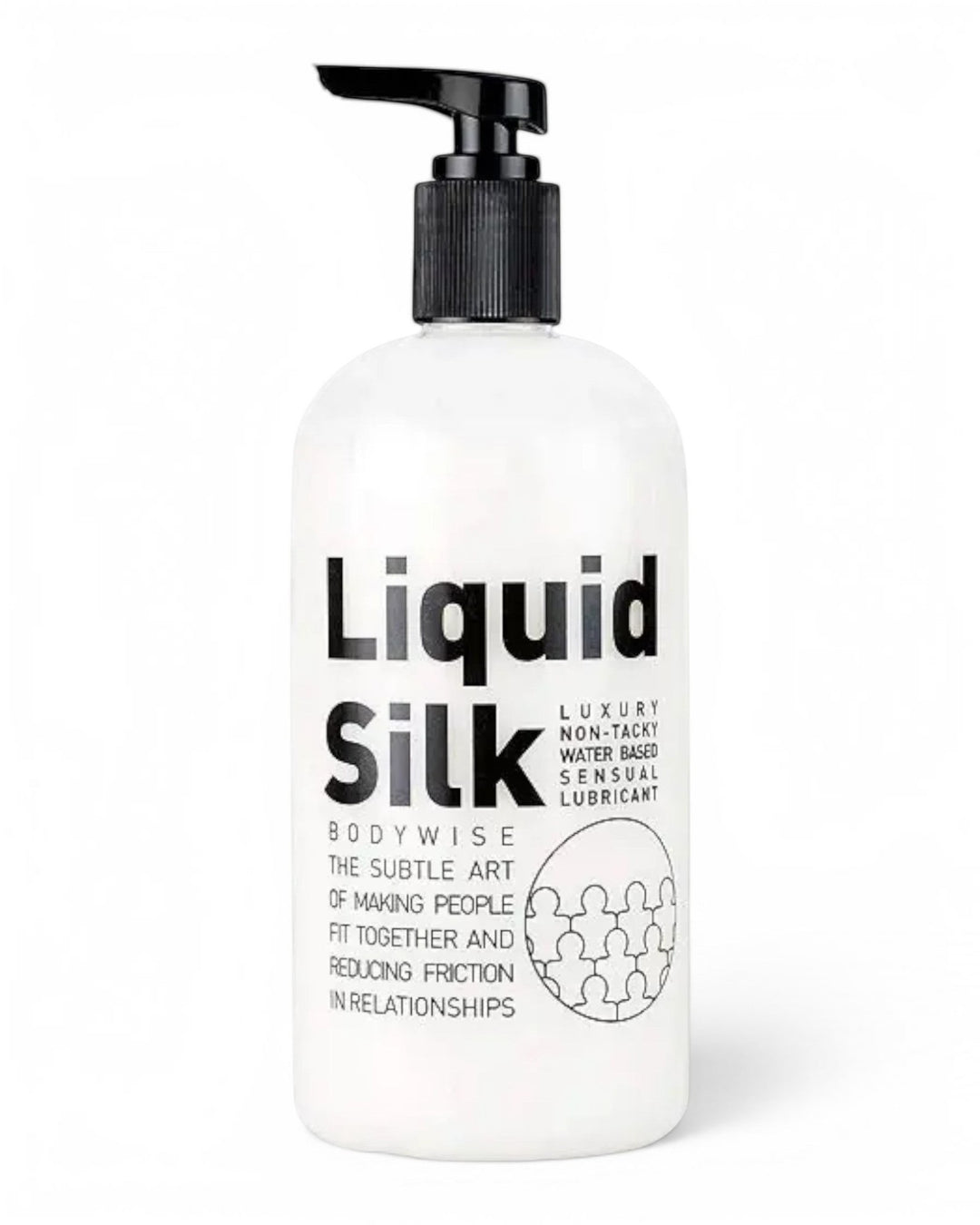 P.C Manufacturing Ltd Liquid Silk water-based lubricant in a white pump bottle for intimate use