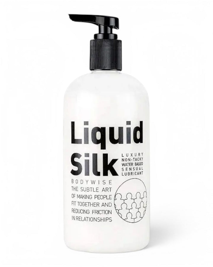 P.C Manufacturing Ltd Liquid Silk water-based lubricant in a white pump bottle for intimate use