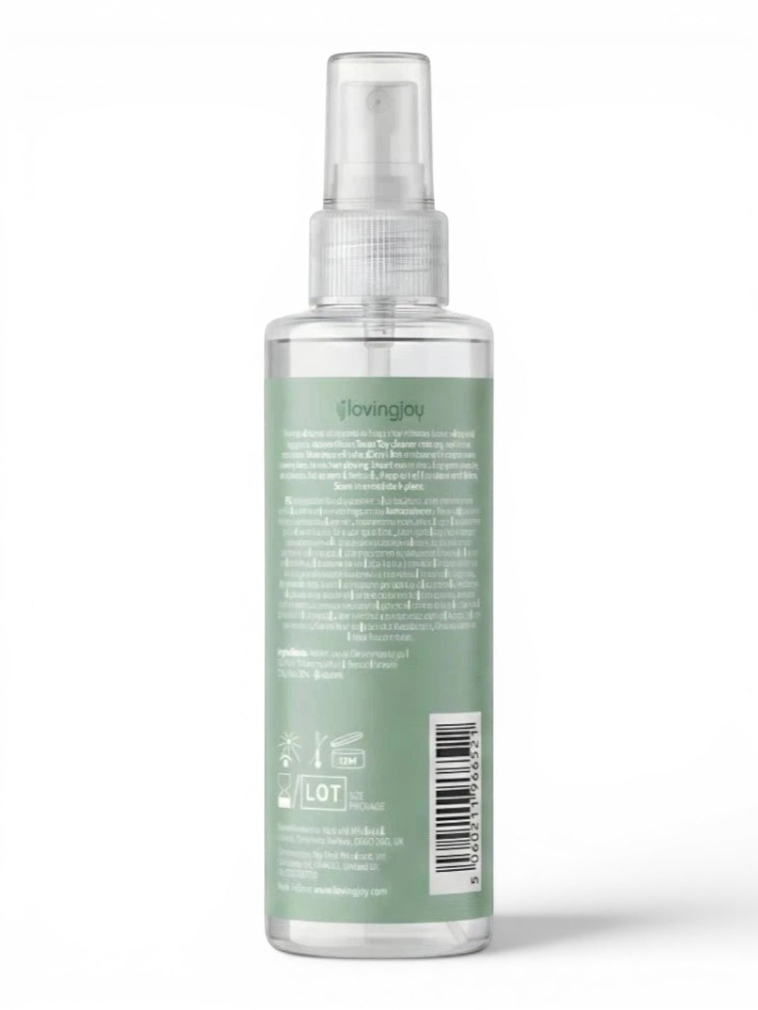 P.C Manufacturing Ltd Loving Joy Cleanse Toy Cleaner 100-250ml spray bottle with clear liquid and green label.
