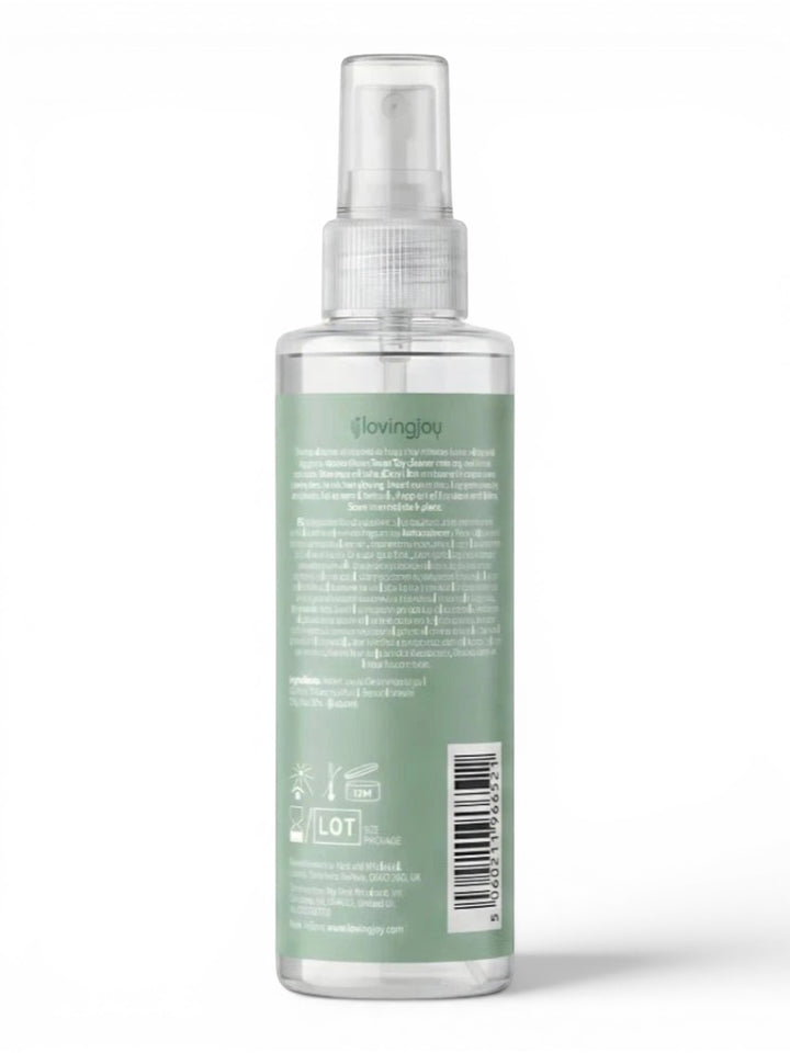 P.C Manufacturing Ltd Loving Joy Cleanse Toy Cleaner 100-250ml spray bottle with clear liquid and green label.