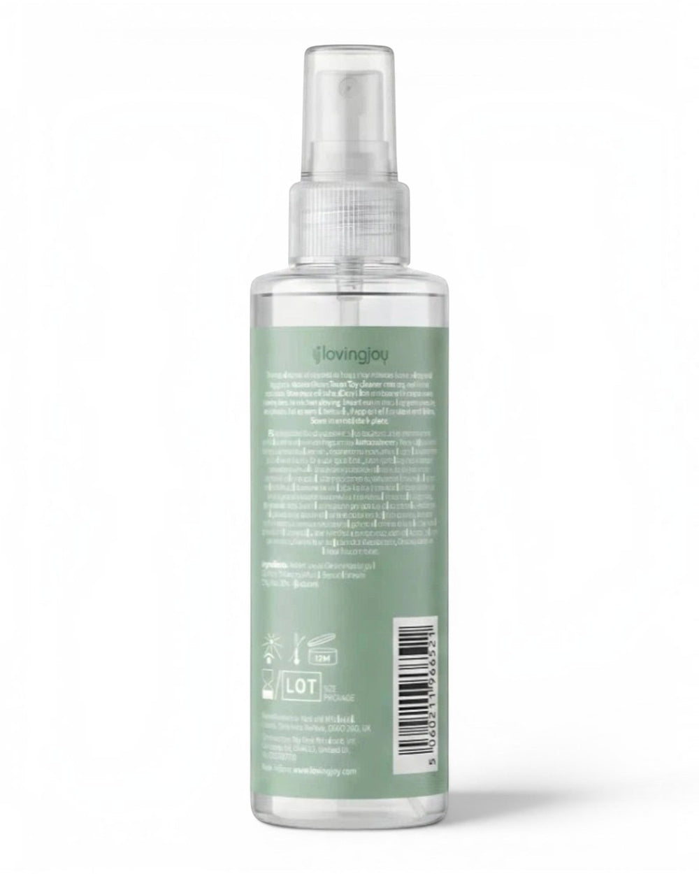 P.C Manufacturing Ltd Loving Joy Cleanse toy cleaner spray bottle with ingredient label on white background