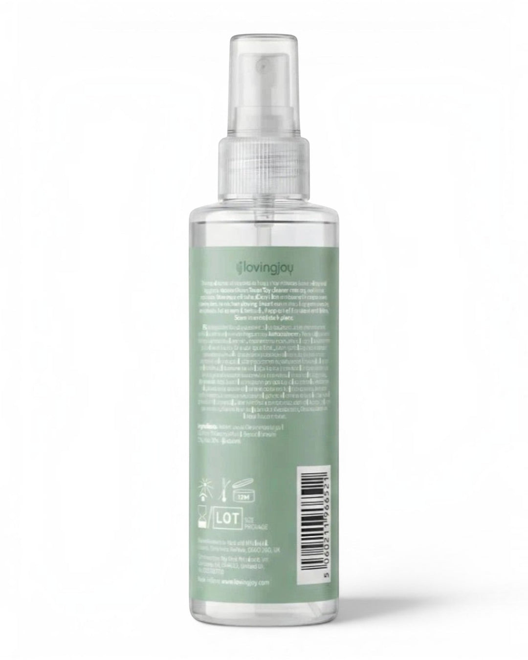 P.C Manufacturing Ltd Loving Joy Cleanse toy cleaner spray bottle with ingredient label on white background