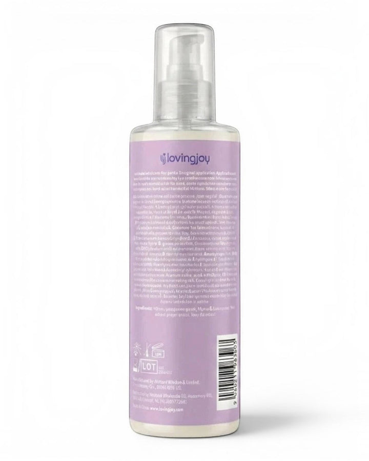 P.C Manufacturing Ltd Loving Joy Silky water-based lubricant bottle back label with ingredients and instructions