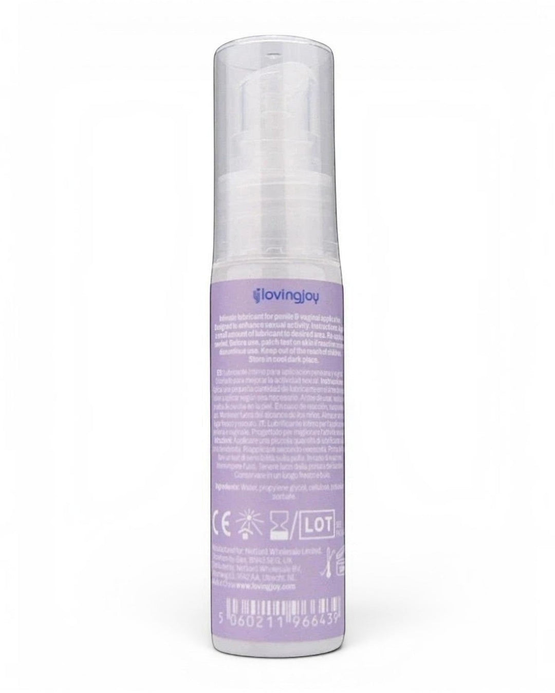 P.C Manufacturing Ltd Loving Joy Silky water-based lubricant bottle with pump dispenser and purple label