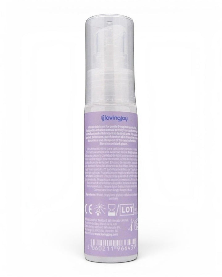 P.C Manufacturing Ltd Loving Joy Silky water-based lubricant bottle with pump dispenser and purple label