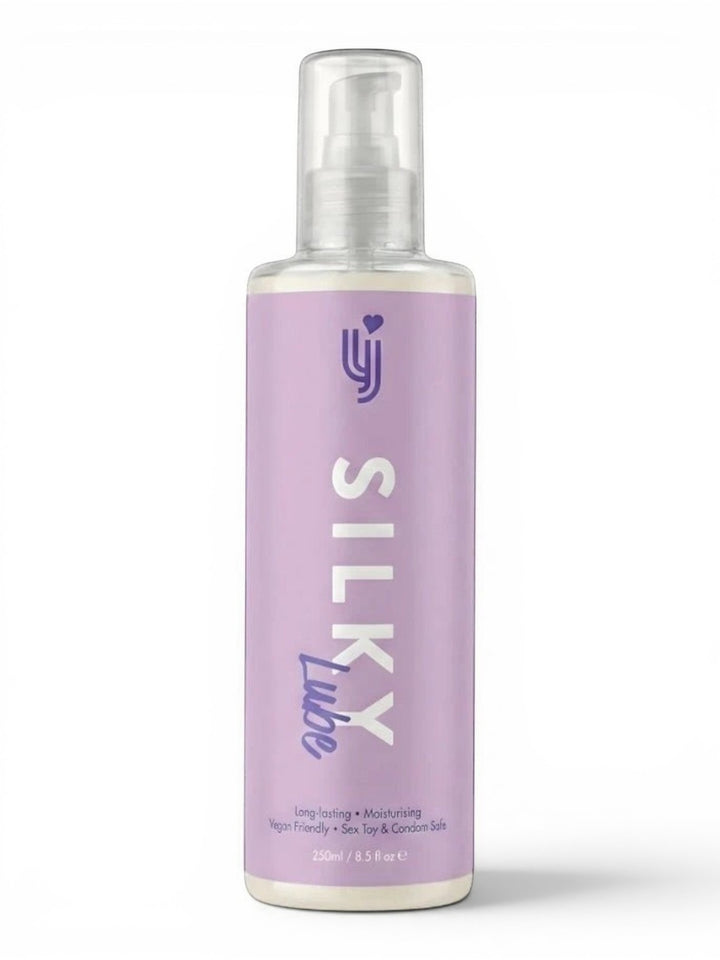 P.C Manufacturing Ltd Loving Joy Silky Lube, a water-based lubricant in a pump bottle. Long-lasting, moisturising, vegan, and condom safe.