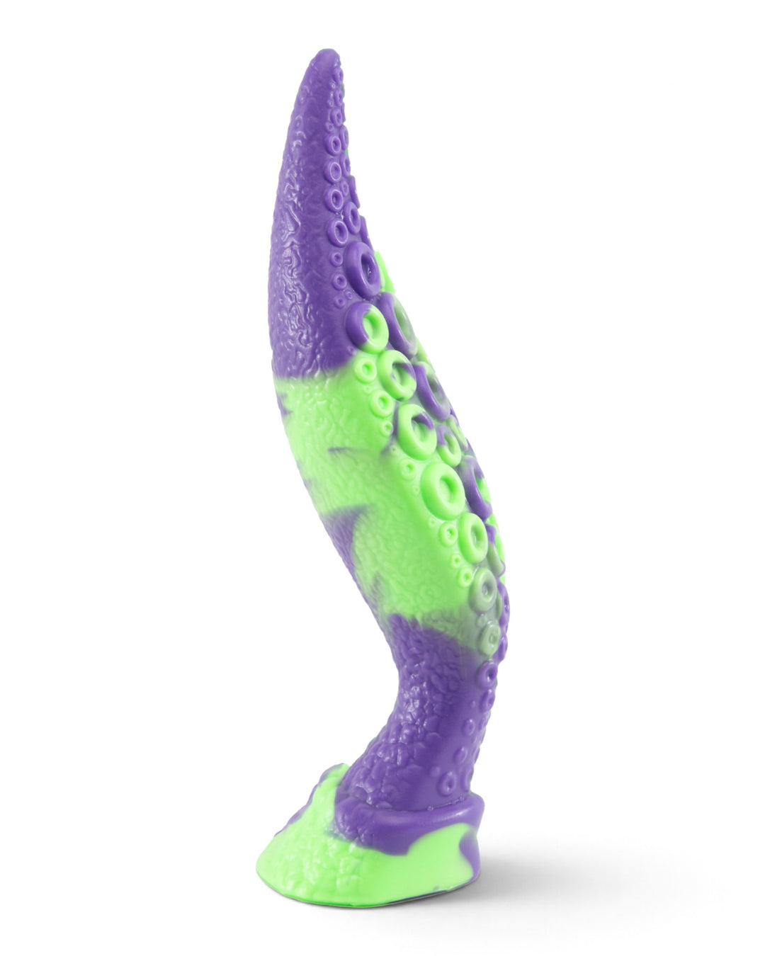 Side view of a purple and lime-green silicone tentacle toy with a curved tip and raised suckers.