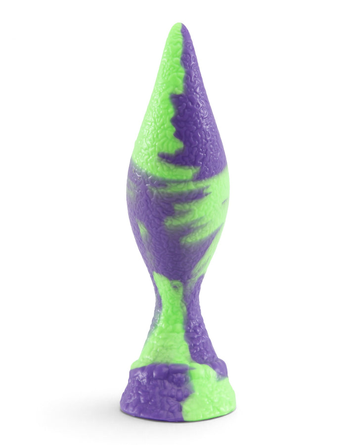 Rear view of a purple and lime-green silicone tentacle toy showing its textured surface and flared base on white.